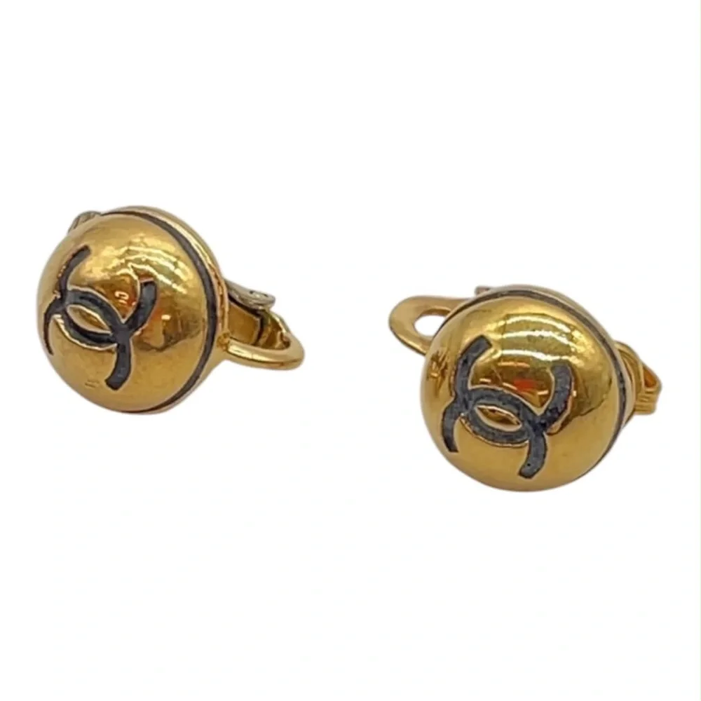 CHANEL Gold and Black CC Clip-On Earrings